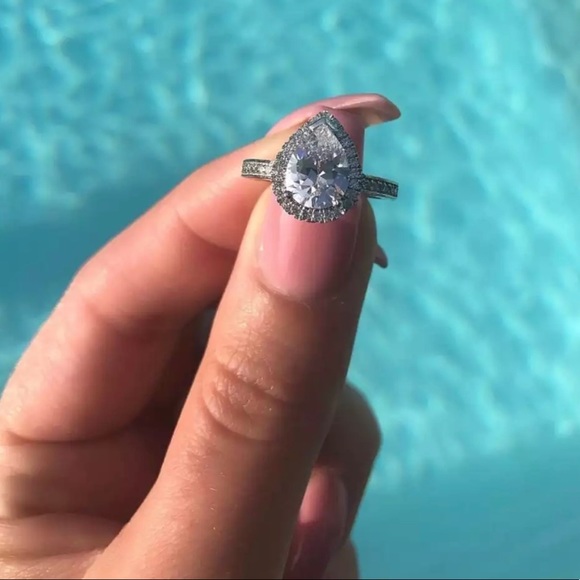 New Halo Pear Austrian Crystal Ring with Single Half Row Pave Engagement Ring - Picture 2 of 12